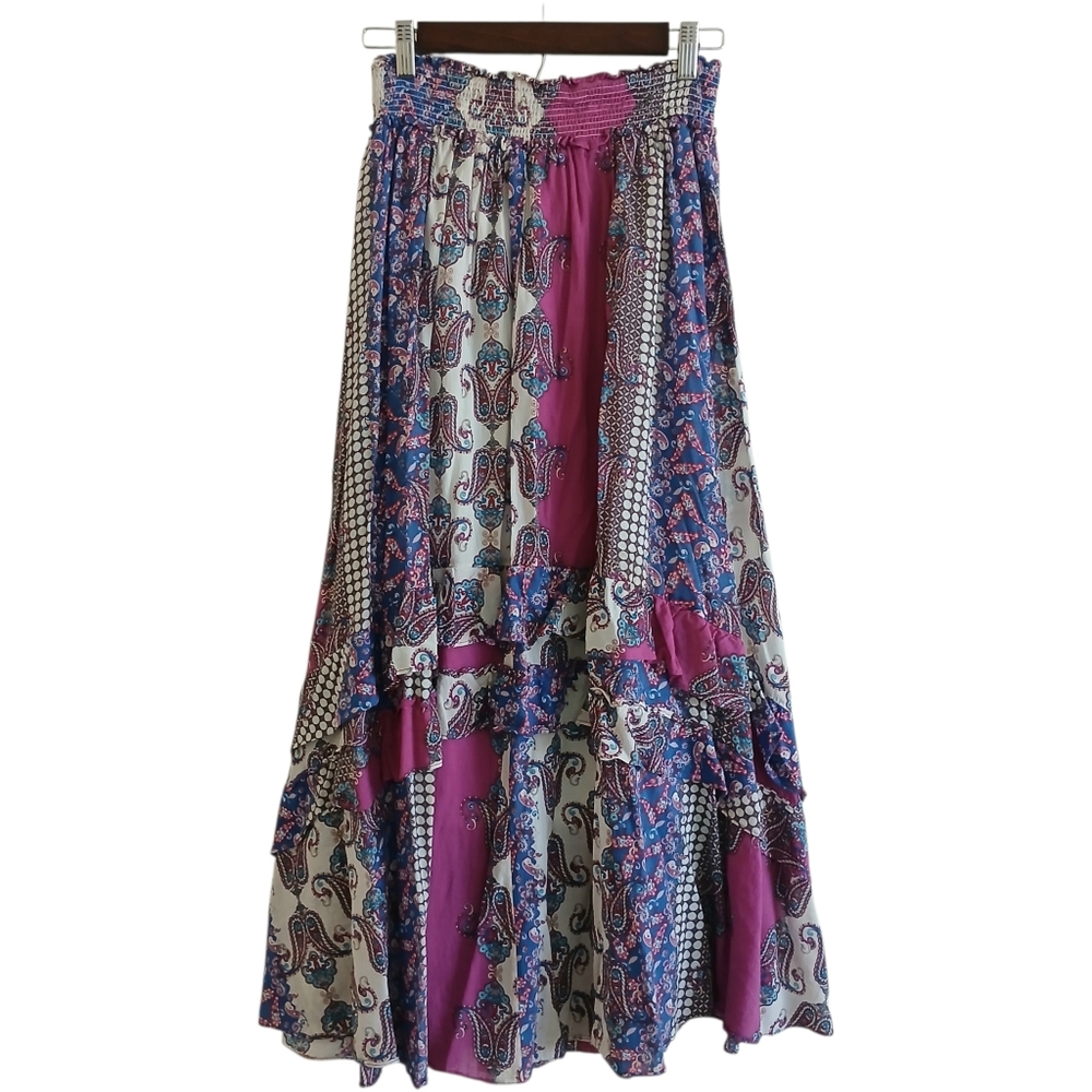 Patchwork Ruffle Smocked Maxi Skirt Women's S Full Cotton Paisley Boho Cottage